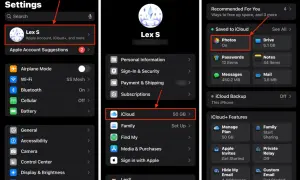 Captura de pantalla de iPhone mostrando cómo limpiar iPhone de archivos basura, navegando por Ajustes, Cuenta Apple, iCloud y opciones de almacenamiento.