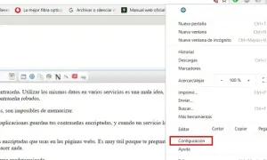 Menú de Chrome con opción "Configuración" resaltada, útil para exportar contraseñas Chrome.