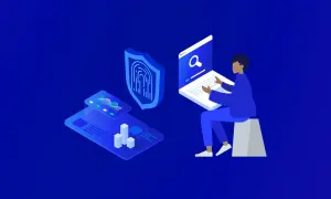 Persona usa laptop para buscar y protegerse de un gusano virus. Escudo con huella digital y gráficos de datos.