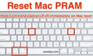 Teclado Mac mostrando cómo resetear PRAM: mantén pulsadas las teclas Command, Option, P y R al arrancar.