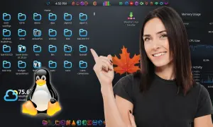 Mujer sonríe junto a un escritorio de Linux con carpetas, el pingüino Tux y gráficos de uso de CPU. Se habla de variables de entorno.