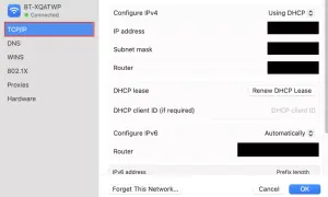 Configuración TCP/IP en Mac, mostrando detalles de IP, máscara de subred y router.