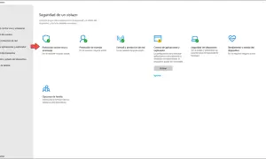 Pantalla de Seguridad de Windows. Se muestra la opción "Protección contra virus y amenazas" y la necesidad de atualizar antivirus.