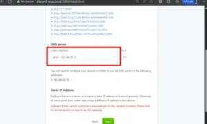 Configuración de AdGuard Home: interfaz de escucha eth0 con IP 192.168.50.73.