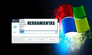 Ventana de "Herramientas" con opciones como "cmd" y "defrag" para ejecutar comandos.
