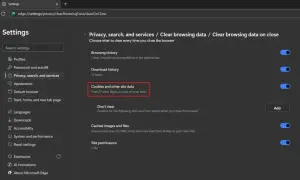Configuración de Edge para eliminar cookies al cerrar. La opción "Cookies y otros datos del sitio" está activada.