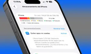 Pantalla de iPhone mostrando el uso de almacenamiento, con detalles sobre aplicaciones, fotos, música y datos del sistema.