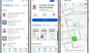 Busca apps para cambiar ubicación iPhone. Muestra la tienda de aplicaciones con resultados de búsqueda de "gps spoofing" y la página de una app para falsificar la ubicación.