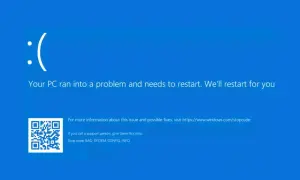 Pantalla azul de Windows con un :( y mensaje "Your PC ran into a problem and needs to restart". Indica la necesidad de reiniciar Windows.