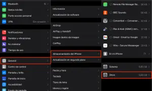 Captura de pantalla de Ajustes del iPhone, mostrando "General" y "Almacenamiento del iPhone", donde se gestionan documentos y datos.
