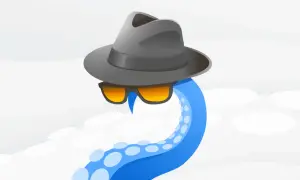 Tentáculo azul con sombrero y gafas de sol, listo para la navegación anónima.