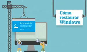 Ilustración de cómo restaurar sistema Windows 10 desde BIOS. Un PC en construcción con una grúa y herramientas.