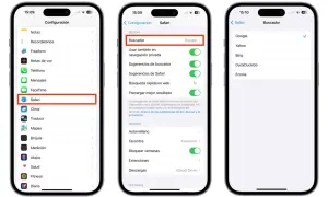 Configuración de Safari en iPhone. Se muestra cómo cambiar el buscador predeterminado, con Google seleccionado.