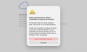 Ventana emergente advierte sobre borrar todo el contenido y ajustes de este Mac. Opción para borrar o cancelar.