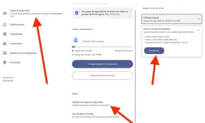 Ajustes de Google Fotos para comprimir fotos y ahorrar espacio. Selecciona "Ahorro de almacenamiento" para una calidad ligeramente menor.