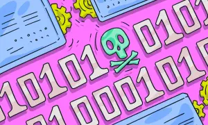 Calavera y tibias cruzadas sobre código binario, representando el peligro del pup malware. Engranajes amarillos sugieren un sistema comprometido.
