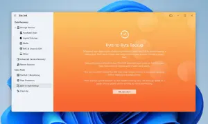 La aplicación Disk Drill muestra la opción "Byte-to-Byte Backup", ideal para restaurar sistema si está restaurando el registro o para crear copias de seguridad completas.