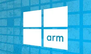 El logo de Windows se superpone a un fondo azul texturizado, con la palabra "arm" en una de las ventanas.
