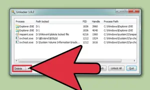 Interfaz de Unlocker 1.9.2 mostrando cómo eliminar un archivo que no se deja, con un botón "Delete" resaltado.