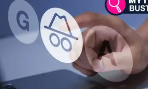 Mano interactúa con burbujas que forman "G", el icono del modo incógnito y "A". ¿Qué es el modo incógnito?