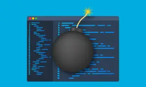Una bomba negra con mecha encendida sobre un código de programación, simbolizando las bombas lógicas en el desarrollo de software.