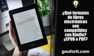 Mano sosteniendo un dispositivo **formato Kindle** con texto. Pregunta: "¿Qué formatos de libros electrónicos son compatibles con Kindle? ¿EPUB o PDF?".