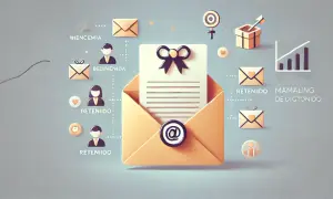 Un sobre abierto con un documento y un lazo negro. Iconos de correos y personas sugieren un flujo de comunicación, quizás un correo importante.