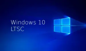 Logo de Windows 10 LTSC sobre fondo azul brillante.