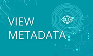 Texto "VIEW METADATA" sobre fondo azul con diseño de circuito y un ojo estilizado. Explora qué son los metadatos.