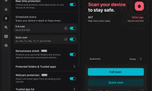 Interfaz de antivirus con opciones de escaneo y protección contra ransomware. Escanea tu dispositivo para evitar el pup virus.