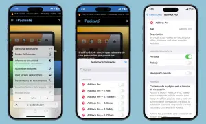 Tres pantallas de iPhone muestran cómo gestionar extensiones en Safari, incluyendo AdBlock Pro, para una experiencia de navegación más limpia.