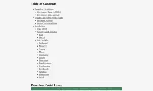 Tabla de contenidos para instalar Void Linux, incluyendo descargas, imágenes live, y configuración.