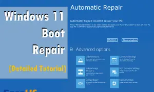 Pantalla de Reparación Automática de Windows 11. Opciones avanzadas para solucionar problemas de arranque, incluyendo la configuración de secure boot.