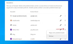 Cómo quitar Yahoo del buscador: se muestra la opción "Eliminar" para desinstalar Yahoo de los buscadores predeterminados.