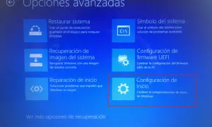 Pantalla de opciones avanzadas de Windows. No puedo entrar en modo seguro, pero veo "Configuración de inicio" para cambiar el comportamiento de Windows.