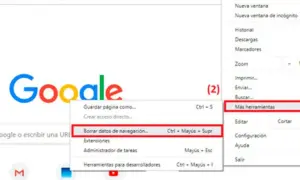 Menú de Chrome para limpiar historial y datos de navegación. Selecciona "Más herramientas" y luego "Borrar datos de navegación".