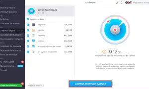 Interfaz de Mackeeper para limpiar caché de Safari y otros archivos basura. Muestra 9,12 GB de datos a eliminar.