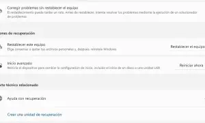 Pantalla de opciones de recuperación de Windows 11. Se muestra la opción "Restablecer este equipo", útil si hay un error al restablecer el equipo Windows 11.