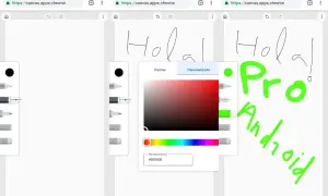 En el chrome canvas, se escribe "Hola" y "Pro Android" en verde brillante. Se muestra un selector de color.