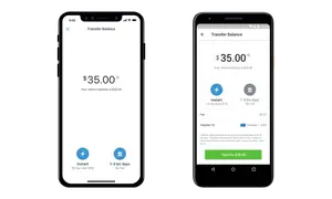 Dos pantallas de móvil muestran cómo transferir $35 de tu saldo Venmo. Una opción es instantánea con una comisión, la otra es gratis en 1-3 días.