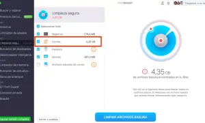 Interfaz de Mackeeper mostrando la opción "Cachés" seleccionada para limpiar 3,26 GB de datos en tu Mac.