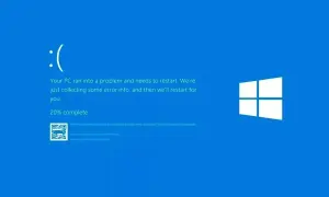 Pantallazo azul de Windows con un triste ":(". El PC se reinicia por un problema, recopilando información.