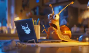 Caracol sorprendido ante su **pc lento**, con una cara de espanto y un mensaje de error en la pantalla.