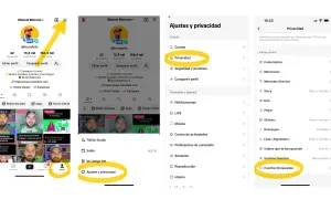 Pasos para saber como bloquear a alguien en TikTok: perfil, ajustes y privacidad, luego privacidad y finalmente cuentas bloqueadas.