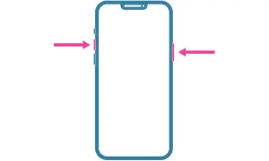 Flechas rosas indican cómo hacer captura de pantalla en iPhone 8: presiona el botón lateral y el botón de subir volumen simultáneamente.