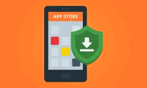 Teléfono con pantalla "APP STORE" y un escudo verde con flecha de descarga. Guía para saber como instalar un antivirus.