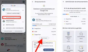 Captura de pantalla de un teléfono móvil mostrando la gestión del almacenamiento de Google, indicando que el espacio está casi lleno, lo que podría ser la razón por la que no me llegan los correos.