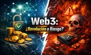 Web3: ¿revolución o riesgo? Montones de bitcoins y un candado seguro contrastan con un cráneo, una billetera y un gráfico de riesgo, simbolizando la dualidad de la web 3.