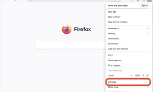 Menú de Firefox con "Ajustes" resaltado, donde se gestionan contraseñas y otros datos.
