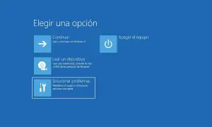 Pantalla de opciones de Windows: continuar, usar dispositivo, apagar o solucionar problemas. Si eliges solucionar problemas, podrás reiniciar en modo seguro.